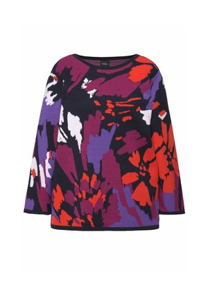 Jersey de punto con un llamativo patrón floral en púrpura, rojo, blanco y negro. Cuello redondo y mangas de tres cuartos. Textura suave.