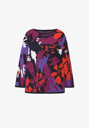 Jersey de punto con un llamativo patrón floral en púrpura, rojo, blanco y negro. Cuello redondo y mangas de tres cuartos. Textura suave.