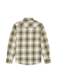 Camicia a quadri a manica lunga con toni beige, marrone e verde chiaro, caratterizzata da una gavetta appuntita sulla parte superiore della schiena e polsini con bottoni.