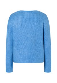 Blauer Pullover mit strukturiertem Strickmuster, mit weitem Halsausschnitt und langen Ärmeln. Rautenförmige Details auf dem Rücken.