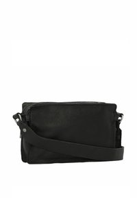 Borsa a tracolla nera in pelle con finitura testurizzata, chiusura con zip e tracolla regolabile. Forma rettangolare compatta con hardware minimale.