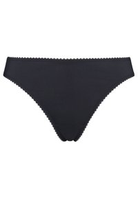 Schwarze Stringunterwäsche aus glattem Stoff, mit gewellten Kanten entlang des Taillenbundes. Einfaches Design ohne zusätzliche Muster oder Details.
