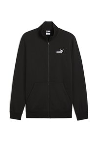 Sort lynlås hoodie lavet af blødt stof med høj krave, to forlommer og hvidt Puma-logo på venstre bryst.