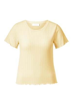 Kurzärmeliges, geripptes hellgelbes T-Shirt mit rundem Halsausschnitt und gewellten Kanten an Ärmeln und Saum.