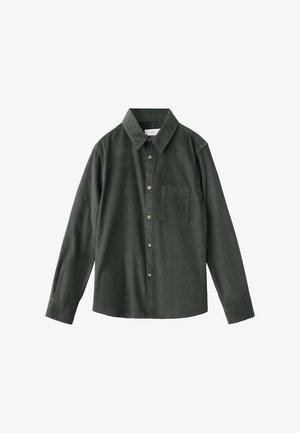 Donkergroene langgemouwde blouse met knopen en een kraag, voorzien van een enkele borstzak, gemaakt van een gestructureerde stof.