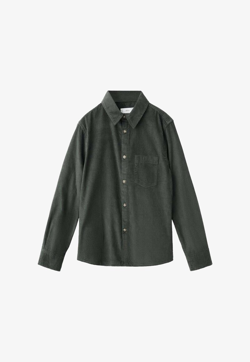 Camicia button-up a maniche lunghe verde scuro con colletto e una tasca sul petto, realizzata in un tessuto testurizzato.