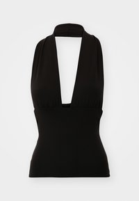 Črn halter top, izdelan iz raztegljive tkanine. Ima globok V-izrez in oblekovarno prileganje. Gladka tekstura, brez vidnih vzorcev ali kovinskih delov.