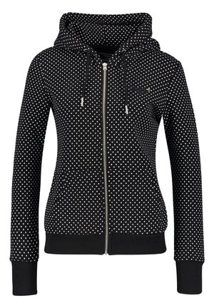 Veste à capuche zippée noire à pois blancs, poches avant, cordons et poignets et ourlet côtelés.