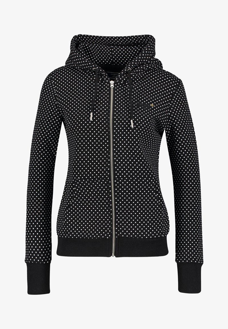 Veste à capuche zippée noire à pois blancs, poches avant, cordons et poignets et ourlet côtelés.