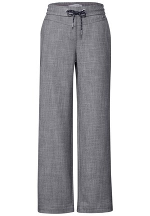 Gray wide-leg pants with a textured fabric, drawstring waistband, and subtle heather pattern. Features a relaxed fit and straight hems.