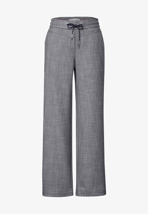 Gray wide-leg pants with a textured fabric, drawstring waistband, and subtle heather pattern. Features a relaxed fit and straight hems.