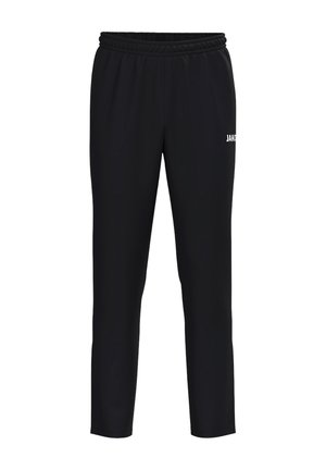 Zwarte sportieve joggingbroek met elastische tailleband en smalle taps toelopende pijpen, met klein wit JAKO-logo op de rechterdij.