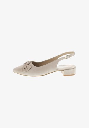 Beige slingback shoe with a low block heel, featuring a soft suede texture and a decorative bow on the toe. Buckle closure at the ankle.