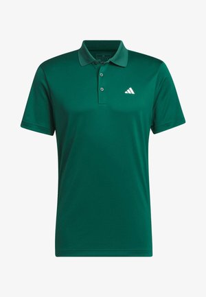 Grünes Polohemd aus glattem Stoff, mit einem Kragen, drei Knöpfen und einem weißen Logo auf der oberen linken Seite.