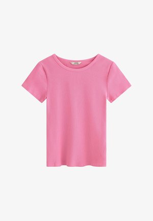 Vaaleanpunainen ribbipintainen lyhythihainen t-paita, jossa on pyöreä kaula-aukko ja sileä rakenne. Yksinkertainen muotoilu ilman kuvioita tai logoja.