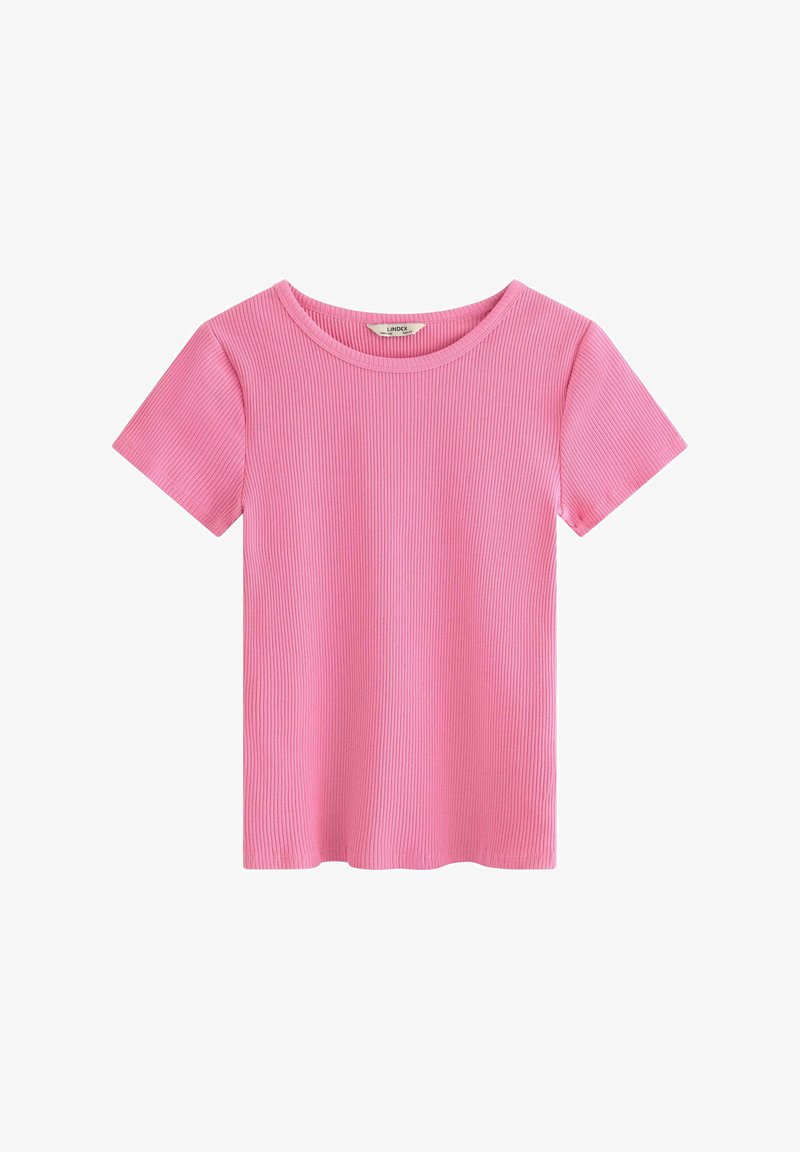 Maglietta rosa a maniche corte con collo tondo e texture liscia. Design semplice senza motivi o loghi.