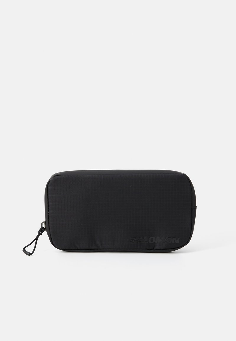 Black pouch with a rectangular shape, made of textured fabric, featuring a zipper closure and a pull tab. Logo printed on the side.