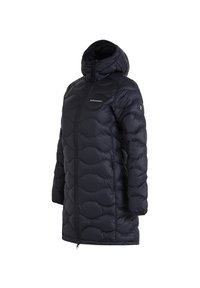 Padded black winter coat with a hood, featuring a zip front, curved seam patterns, and an elasticized cuff for warmth.