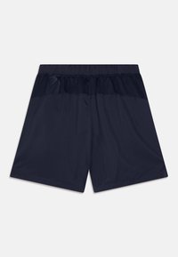 Mörkblå idrottsshorts med en slät yta och elastisk midja. Nätinlägg upptill för andningsförmåga. Kort längd.