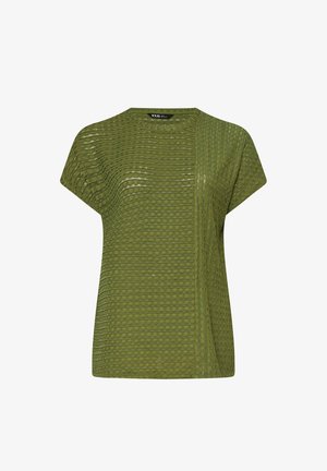 Olijfgroene korte mouw top gemaakt van gestructureerde, gestreepte stof. Heeft een ronde halslijn en een ontspannen pasvorm met details in de zijnaad.