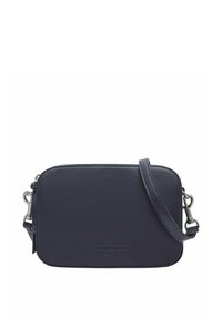 Piccola borsa crossbody rettangolare in pelle blu navy con chiusure argento e tracolla regolabile, logo "Liebeskind Berlin" impresso sul davanti.
