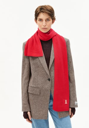 Person, der einen roten Strickschal über einem braunen Blazer, einem dunklen Pullover und hellblauen Jeans trägt, steht vor einem weißen Hintergrund.