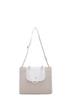 Borsa a mano rettangolare beige e bianca con manici superiori, tracolla regolabile e ferrature color oro con logo "D" sulla pattina frontale.