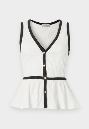 Top alb fără mâneci, cu model din rețea, cu margine neagră, decolteu în V, nasturi în față și tiv cu peplum.