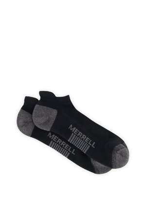 Paar schwarze, tiefer geschnittene Sportsocken mit grauen Fersen- und Zehenbereichen und "Merrell"-Logo auf dem oberen Fußbereich.