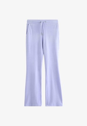 Lyse lilla, vidde udadgående sweatpants med en glat tekstur, forsynet med elastisk talje og snøre, samt sidelommer til opbevaring.