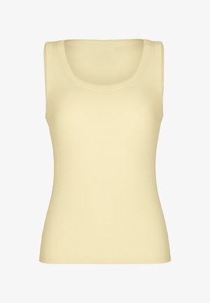 Débardeur beige côtelé sans manches avec un col rond, une coupe ajustée et des bords sans couture.