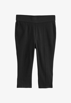 Čierne skrátené nohavice s priliehavým strihom, stredne vysokým pásom a detailmi predného švu.