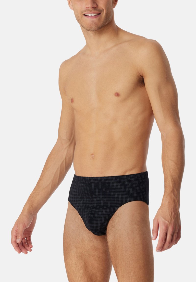 Costumi da bagno da uomo navy con motivo a griglia, realizzati in tessuto morbido, dotati di un design aderente e di una cintura comoda.
