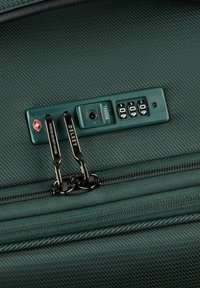 Valigia verde texturizzata con un sistema di chiusura approvato dalla TSA, due tiranti neri della cerniera incisi con "DELEXY" e un display per la combinazione numerica.