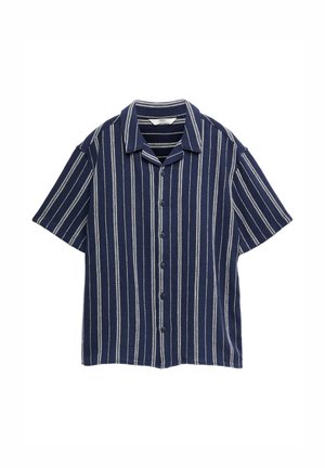 Camicia a maniche corte blu navy con bottoni e righe verticali bianche, colletto a campagna.