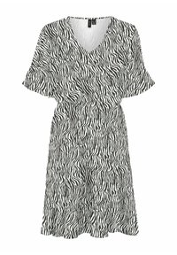 Vestido de estampado de cebra en blanco y negro con escote en V, mangas cortas con volantes y cintura ajustada que fluye en una falda en capas.