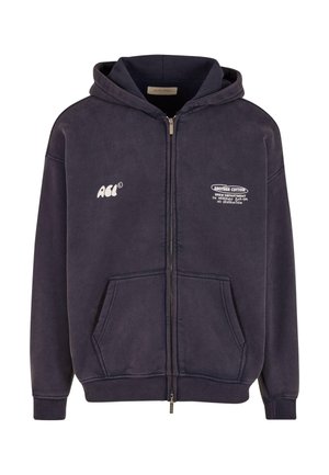 Sudadera con cremallera de color azul marino oscuro, hecha de algodón, que cuenta con un bolsillo frontal, puños de canalé y texto de logo en el pecho y la manga.
