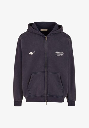 Tmavě námořnická mikina na zip vyrobená z bavlny, s přední kapsou, žebrovanými manžetami a logem na hrudi a rukávu.