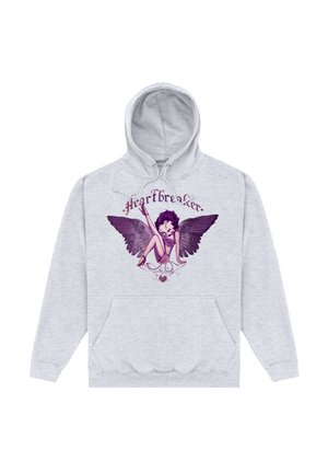 Szary polarowy hoodie z purpurową grafiką skrzydlatej postaci i tekstem „#heartbreaker” powyżej, z kieszenią z przodu.