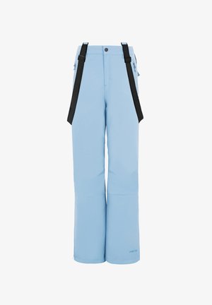 Pantalons de neige bleu clair avec bretelles ajustables noires, dotés de poches zippées sur les côtés et d'une coupe ample, fabriqués avec un matériau durable et résistant aux intempéries.