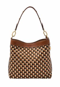 Woven handbag z mieszanką brązowych, czarnych i kremowych kolorów. Miękka skórzana górna część, złote okucia i wyraźny kształt.