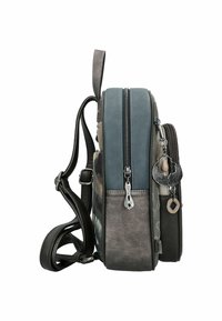 Zweifarbige Lederhandtasche mit einem strukturierten grauen Boden und einem blauen oberen Teil. Verfügt über Reißverschlüsse, einen verstellbaren Schultergurt und dekorative Beschläge. Kompakte Gestaltung.