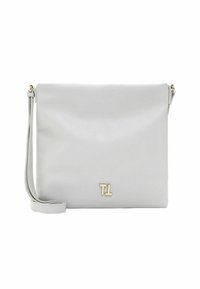 Borsa a tracolla sintetica grigio chiaro con finitura texturizzata, caratterizzata da un logo in tono oro e una cinghia sottile e regolabile. Forma rettangolare.