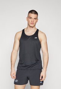 Black athletic tank top made of lightweight fabric, featuring a round neckline and subtle texture. Logo in contrast color on the chest.