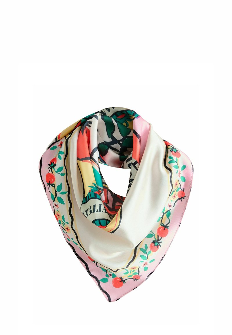 Seidenschal in dreieckiger Form mit einem Blumenmuster in Pink, Grün und Creme sowie einem schwarzen Randdesign.