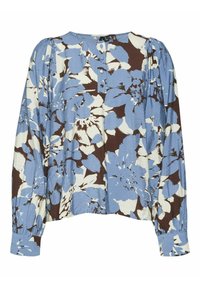 Blumenbluse in Blau und Braun mit langen Ärmeln, Rundhalsausschnitt, Knopfverschluss und einem strukturierten Stoff mit kräftigen Mustern.