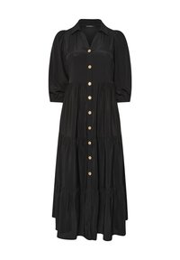 Vestito midi nero con maniche a sbuffo, fronte con bottoni a pressione in oro e design a gonna a strati. Tessuto liscio con una finitura leggermente lucida.