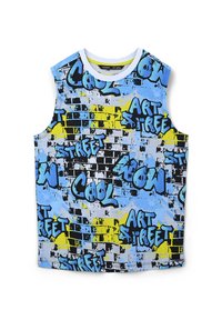 Top senza maniche realizzato in tessuto azzurro chiaro, caratterizzato da un audace motivo di street art in testo nero, giallo e blu. Texture liscia.