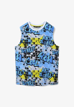 Bezrękawnik z grafiką wykonany z jasnoniebieskiego materiału, zdobiony odważnym wzorem street art w czarnym, żółtym i niebieskim kolorze. Gładka tekstura.