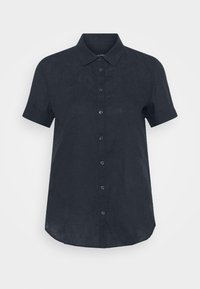 Chemise à manches courtes bleu marine en tissu lin. Elle présente un col classique, une fermeture à boutons et un ourlet arrondi avec une coupe décontractée.